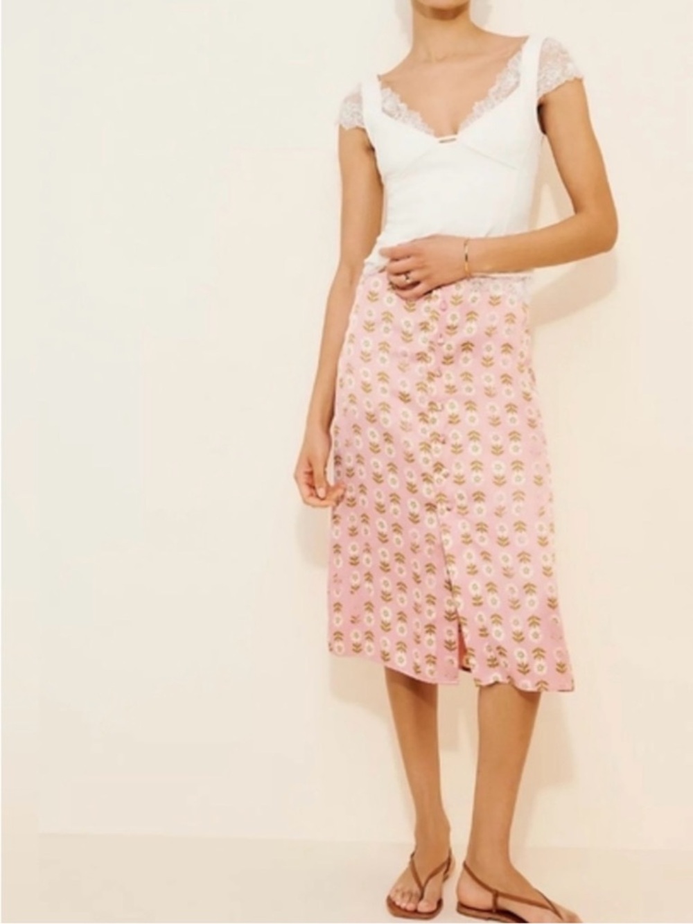 Free People Analise Printed Midi Skirt Pink Blush A Line High Rise Sz 12 NEW - Picture 2 of 16